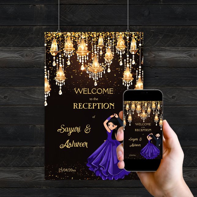 Póster Cartel de bienvenida a la moda de una pareja india (Dancing Indian couple chic glamour reception editable template welcome sign poster digital download)