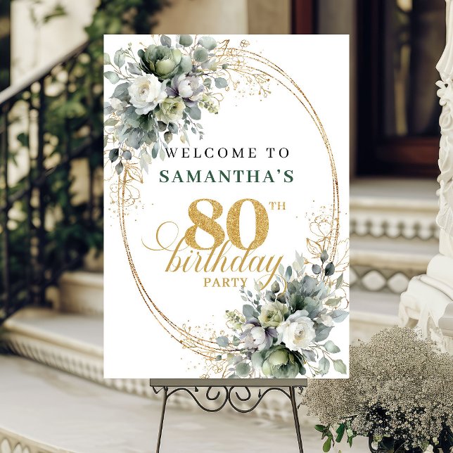 Póster Cartel de bienvenida acuarela botánico 80 cumpleañ (Botanical 80th Watercolor Welcome Sign Greenery)