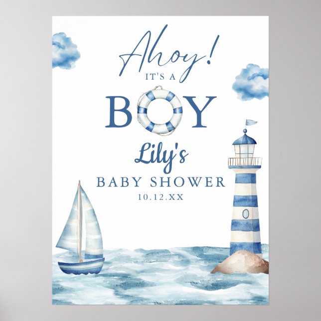 Póster Cartel de bienvenida Ahoy es un niño Baby Shower (Frente)