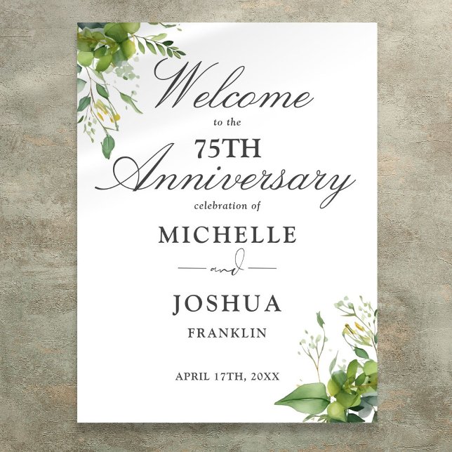 Póster Cartel de bienvenida al 75 aniversario de boda con (Greenery 75th Wedding Anniversary Welcome Sign)
