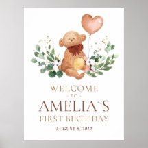 Cartel de bienvenida al bebé con oso de peluche ve