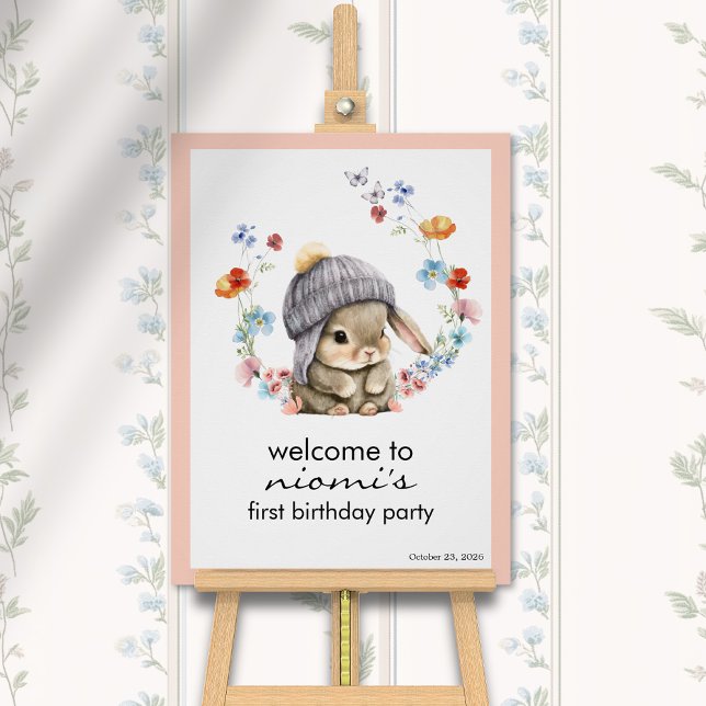 Póster Cartel de bienvenida al primer cumpleaños de Bunny (Bunny Floral First Birthday Welcome Sign 1)