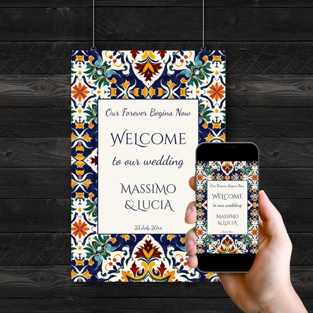 Póster Cartel de bienvenida azul portugués mediterráneo (Azulejo blue Portuguese colorful tiles Mediterranean wedding welcome sign poster template digital)