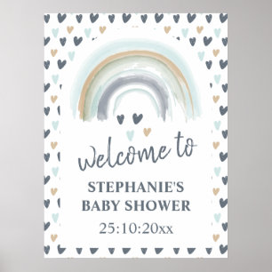 Póster Cartel de bienvenida Baby Shower Azul Boho Arcoíri