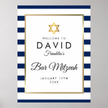 Cartel de bienvenida Bar Mitzvah azul marino blanc