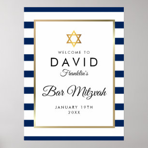 Póster Cartel de bienvenida Bar Mitzvah azul marino blanc