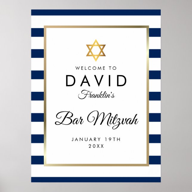 Póster Cartel de bienvenida Bar Mitzvah azul marino blanc (Frente)