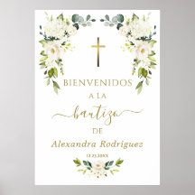 Cartel de Bienvenida Bautizo Español Flores Blanca