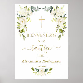 Póster Cartel de Bienvenida Bautizo Español Flores Blanca