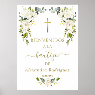 Póster Cartel de Bienvenida Bautizo Español Flores Blanca