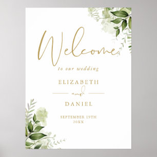 Póster Cartel de bienvenida boda follaje verde oro
