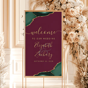 Póster Cartel de Bienvenida Bodas Burgundy Ágata Verde Es