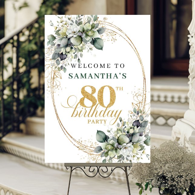 Póster Cartel de bienvenida Boho 80 cumpleaños verde y do (Boho 80th Birthday Green and Gold Welcome Sign)