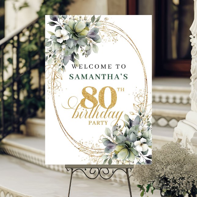 Póster Cartel de bienvenida boho con vegetación para 80 c (Chic 80th Birthday Boho Greenery Welcome Sign)