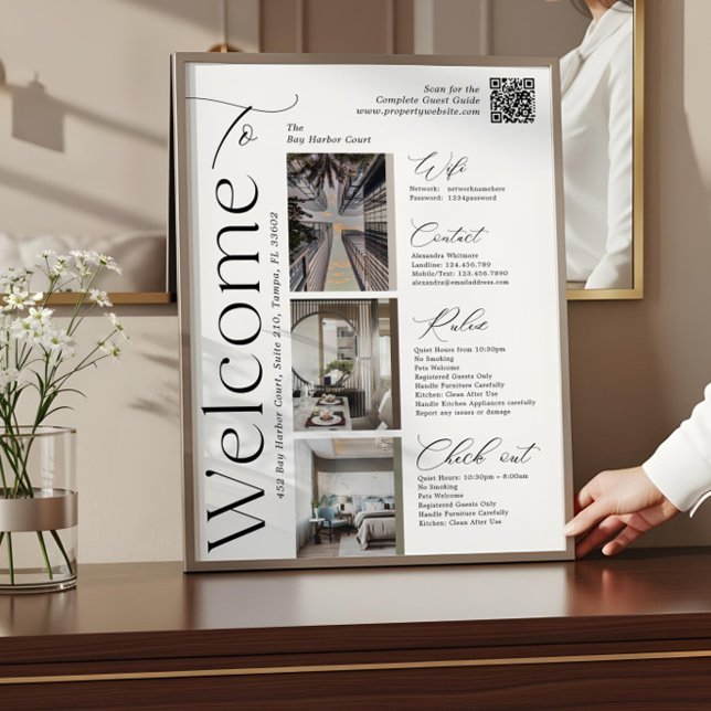 Póster Cartel de bienvenida con código QR para anfitrión  (Elegant Vacation Rental Host Photo QR Welcome Sign)