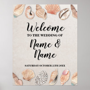 Póster Cartel de bienvenida con conchas de playa de boda 