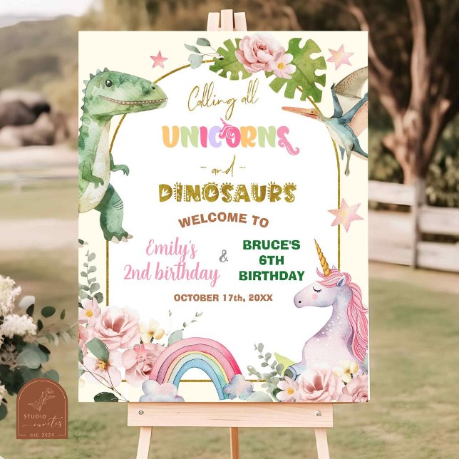 Póster Cartel de bienvenida conjunto de unicornios y dino (Subido por el creador)