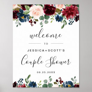 Póster Cartel de bienvenida COUPLE SHOWER en floral azul