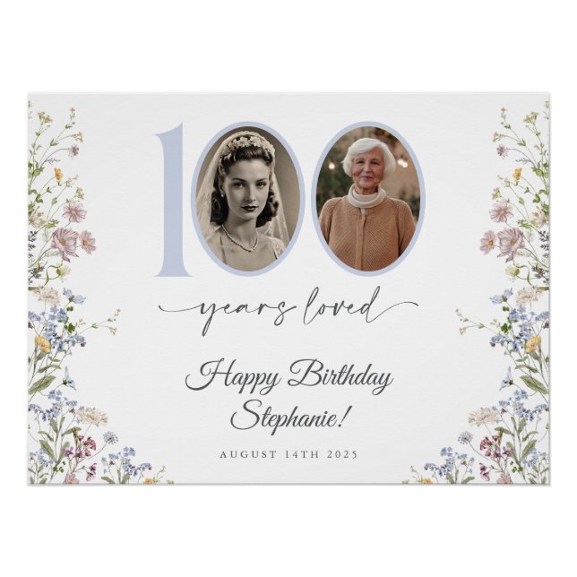 Póster Cartel de Bienvenida Cumpleaños 100 con Foto de Fl (Anverso)