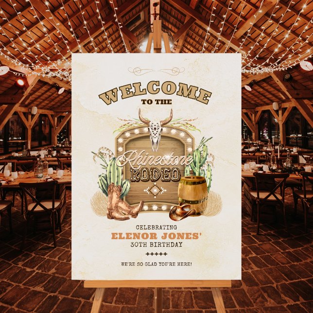 Póster Cartel de Bienvenida Cumpleaños Rhinestone Rodeo (Western Theme Welcome Sign with a little bling!)
