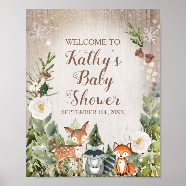 Póster Cartel de bienvenida de animales de invierno flor  (Frente)