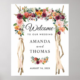 Póster Cartel de bienvenida de arco de boda floral borgoñ