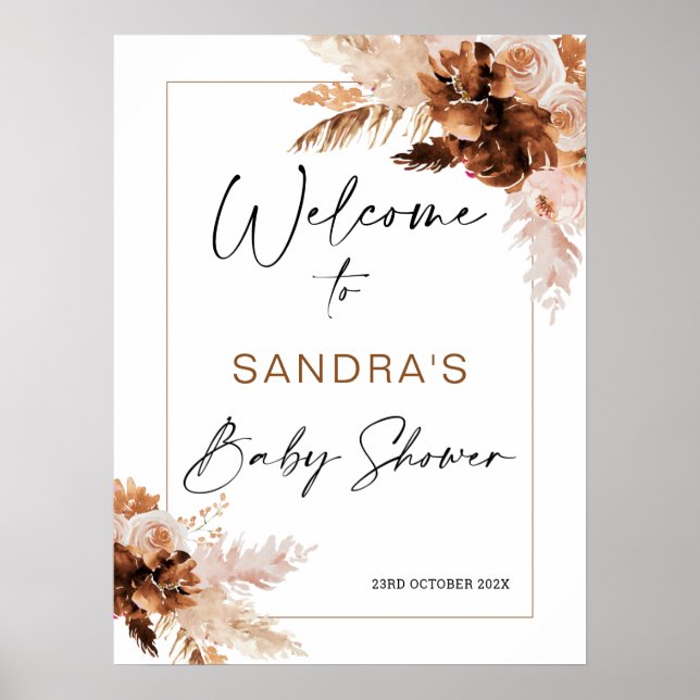 Póster Cartel de bienvenida de Baby Shower de Boho Pampas (Frente)