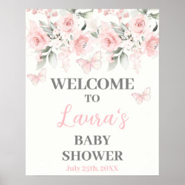Póster Cartel de bienvenida de Baby Shower floral rosa y 