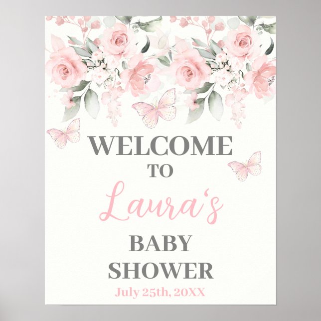 Póster Cartel de bienvenida de Baby Shower floral rosa y  (Frente)