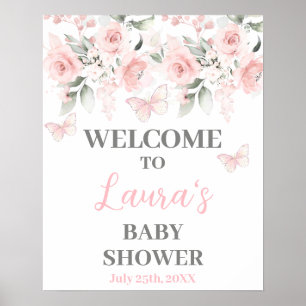 Póster Cartel de bienvenida de Baby Shower floral rosa y 