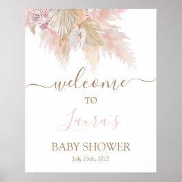 Póster Cartel de bienvenida de Baby Shower rosa de pampas