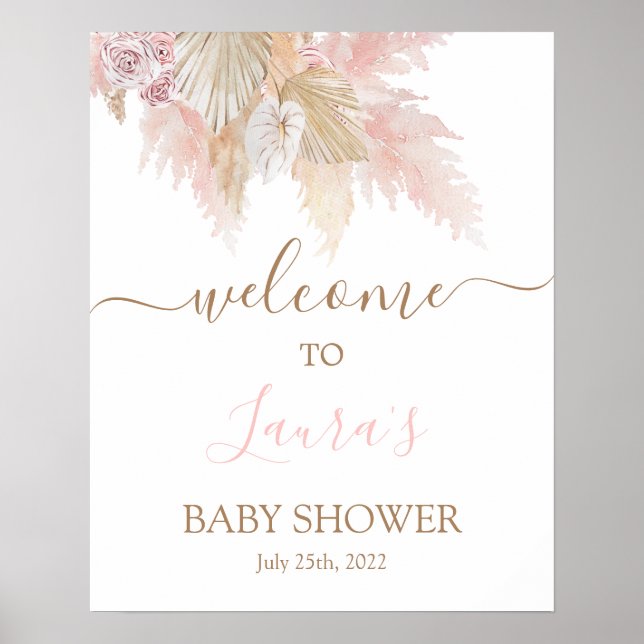 Póster Cartel de bienvenida de Baby Shower rosa de pampas (Frente)