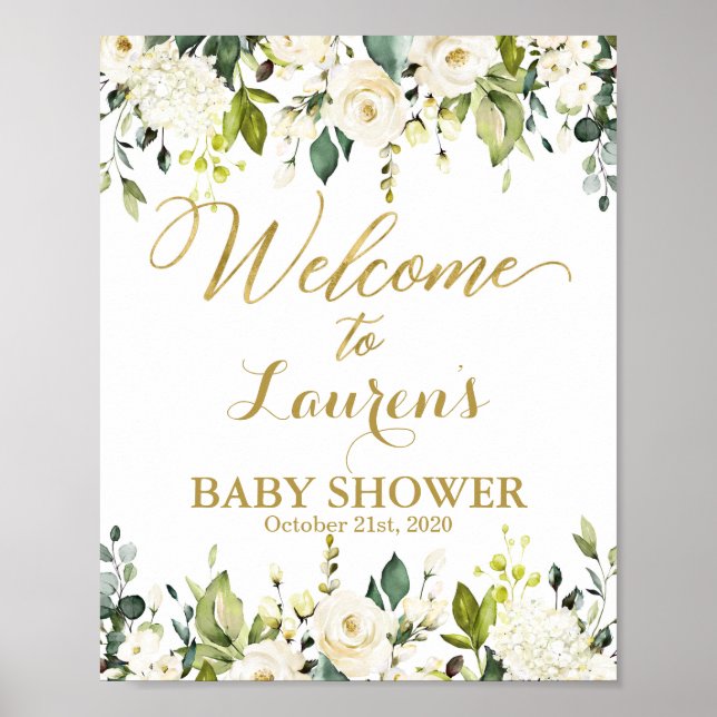 Póster Cartel de bienvenida de Baby Shower White and Gold (Frente)