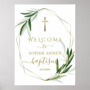 Póster Cartel de bienvenida de bautizo con hojas de olivo