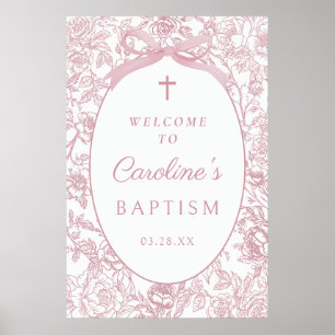 Póster Cartel de bienvenida de bautizo con lazo rosa flor