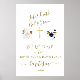 Póster Cartel de bienvenida de bautizo gemelos flores azu