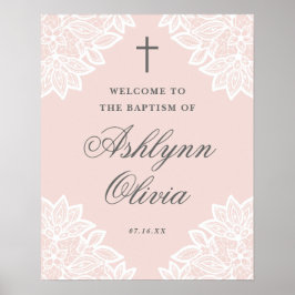 Póster Cartel de bienvenida de bautizo rosa de encaje vin