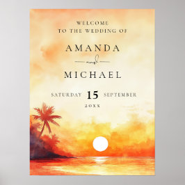 Póster Cartel de bienvenida de boda al atardecer en la pl