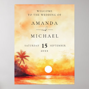 Póster Cartel de bienvenida de boda al atardecer en la pl
