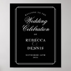 Póster Cartel de bienvenida de boda Art Déco en negro y b