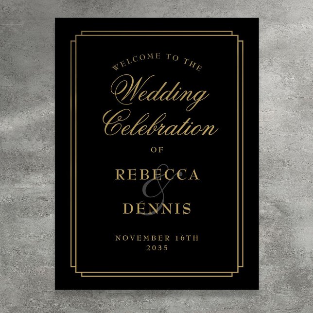Póster Cartel de bienvenida de boda Art Déco negro y dora (Black And Gold Art Deco Wedding Welcome Sign)