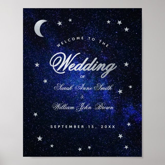 Póster Cartel de bienvenida de boda azul estrellas celest (Frente)