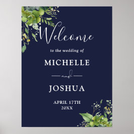 Póster Cartel de bienvenida de boda azul marino floral de
