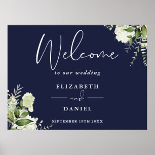 Póster Cartel de bienvenida de boda azul marino floral ve