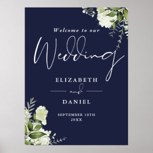 Póster Cartel de bienvenida de boda azul marino floral ve