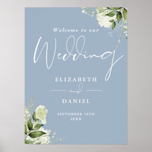 Póster Cartel de bienvenida de boda azul polvoriento flor
