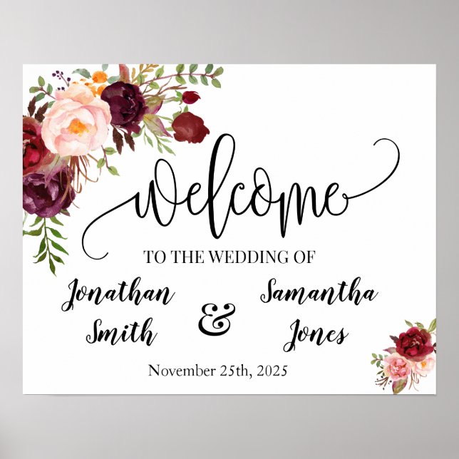 Póster Cartel de bienvenida de boda boho chic marsala flo (Frente)