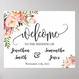 Póster Cartel de bienvenida de boda boho chic rosa floral