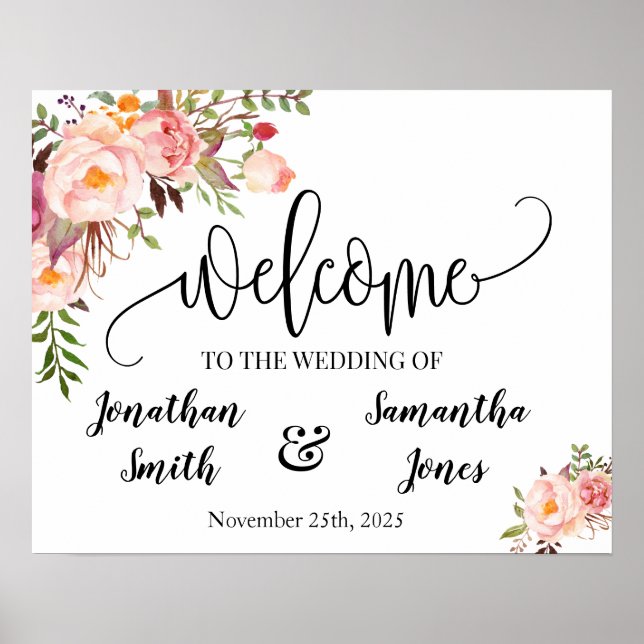 Póster Cartel de bienvenida de boda boho chic rosa floral (Frente)