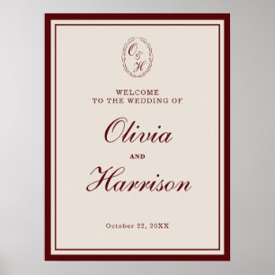 Póster Cartel de bienvenida de boda Burgundy Old Money